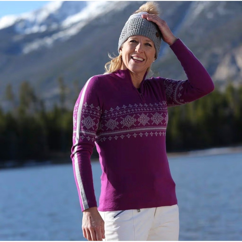 Krimson Klover Sweater Women Small Purple Merino Wool Fair Isle Ski Quarter Zip